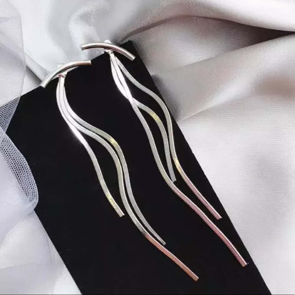 NEW STERLING SILVER BAR LONG TASSEL ARC EARRINGS